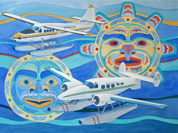 Modern west coast floatplanes with Native design masks.