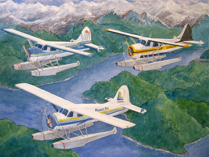 3 floatplanes from 3 British Columbia coastal airlines fly together along the coast.