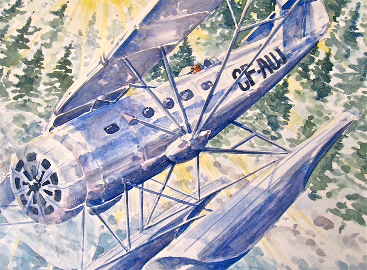 Canada’s first al metal bush-plane flying over a northern forest.