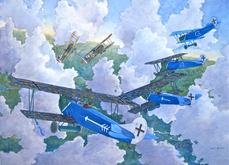 Jasta 13 Fokker D-7s chase French Bregeut 14 observation aircraft through the clouds over France in WW1.