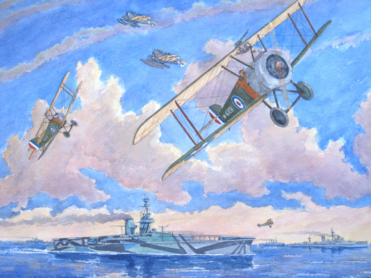 Sopwith Naval Camel fighters take off from an aircraft carrier to fight German Navy HB-29 floatplanes in WW1.