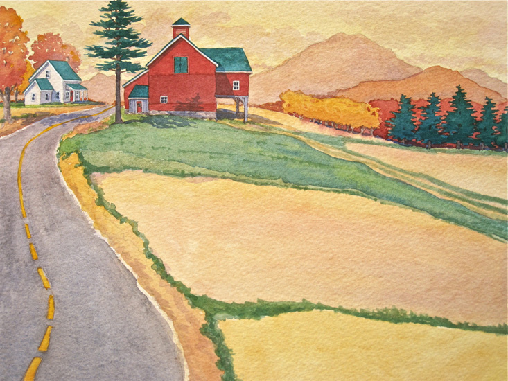 Yellow fields, dark green pines, reddish distant hills, and a red barn.