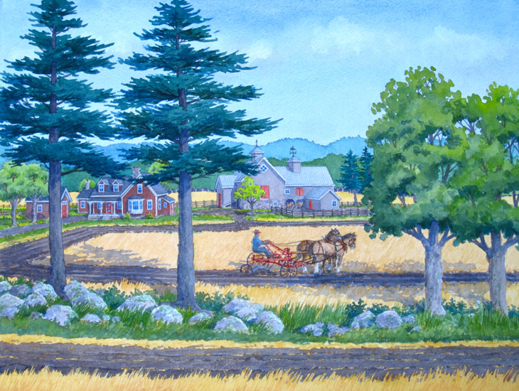 Through pines and maples is viewed a pair of farm horses pulling a red two blade plough beside the farm.