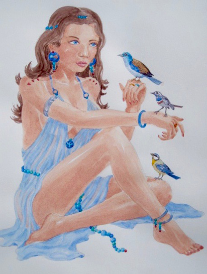 A Young Girl Entertaining Bluebirds.