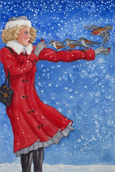 Girl in a Red Coat Arm outstretched for Winter Birds.