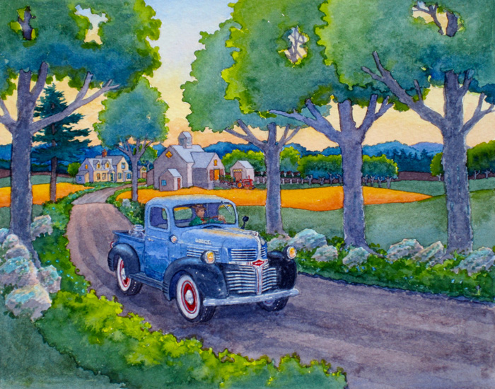 Sunrise view of a farm along a road with a 40’s Dodge pickup on an early delivery run.