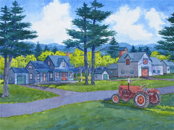 A Victorian farm and case tractor along a road edged with large pines