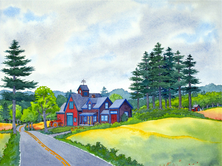 A road view of a red barn and house with a pine stand behind.