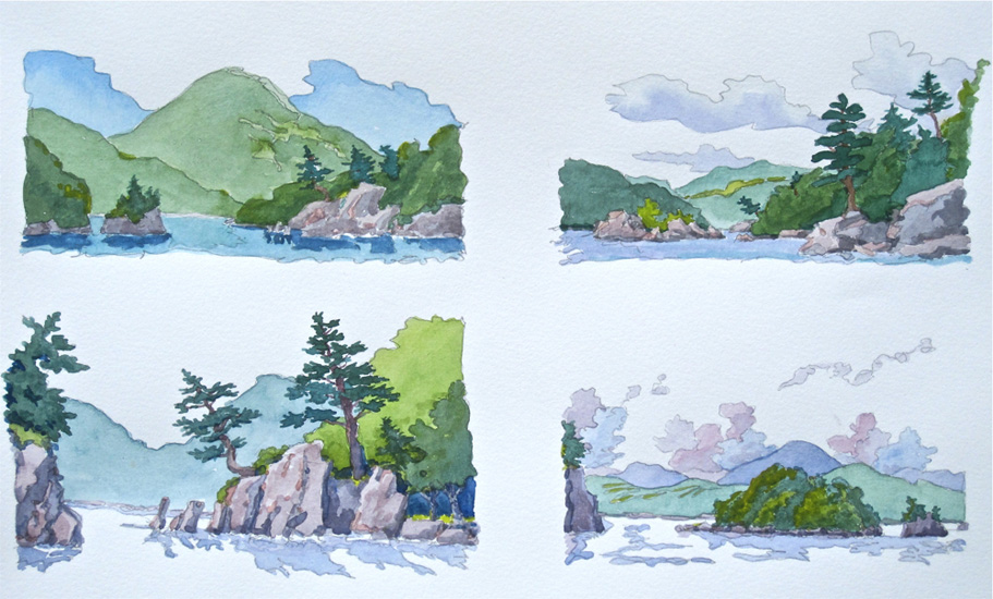 Four views up and down the bay of the rocky shores.