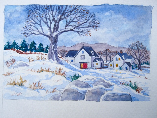 Winter Scene of Quebec Farmhouse.